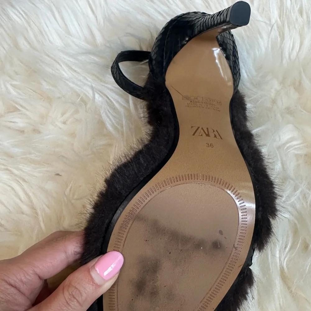 Zara Black and Brown Fur-Trimmed Sandals